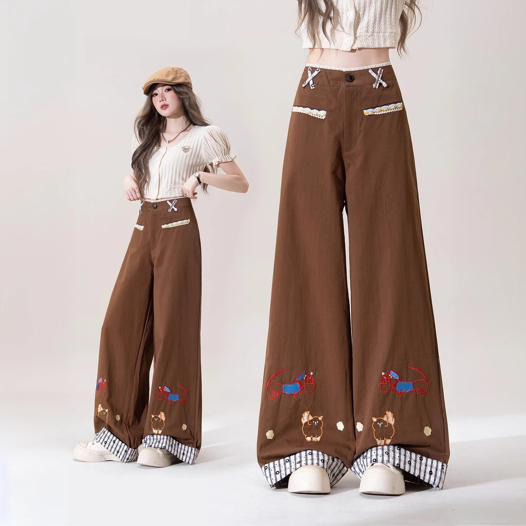 美式复古卡通刺绣休闲裤女2025夏季新款设计感小众宽松直筒阔腿裤