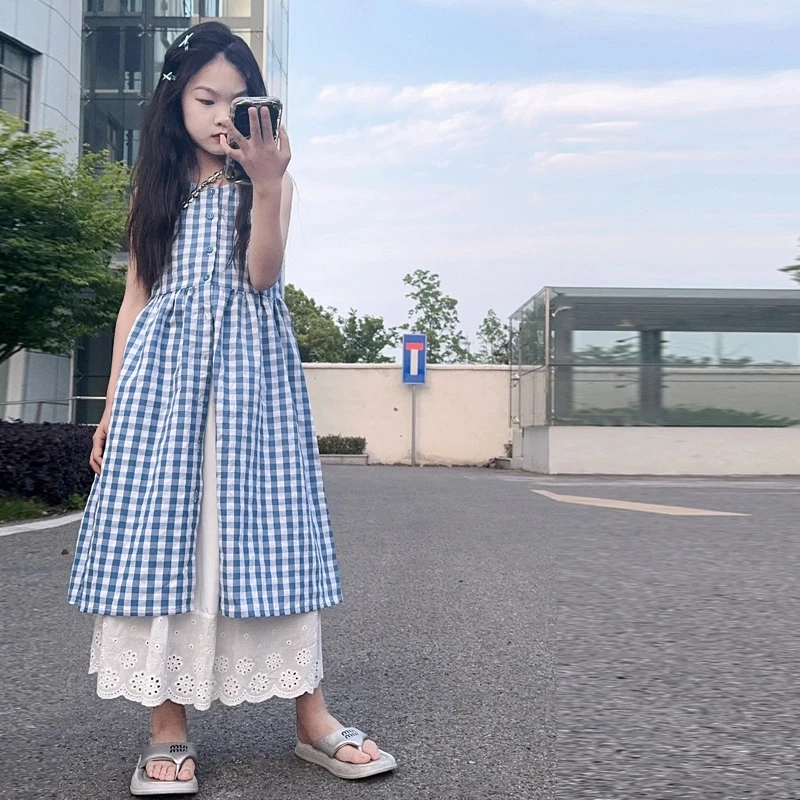 女童森系叠穿格子衫半裙套装2025夏季中大童洋气两件套亲子装