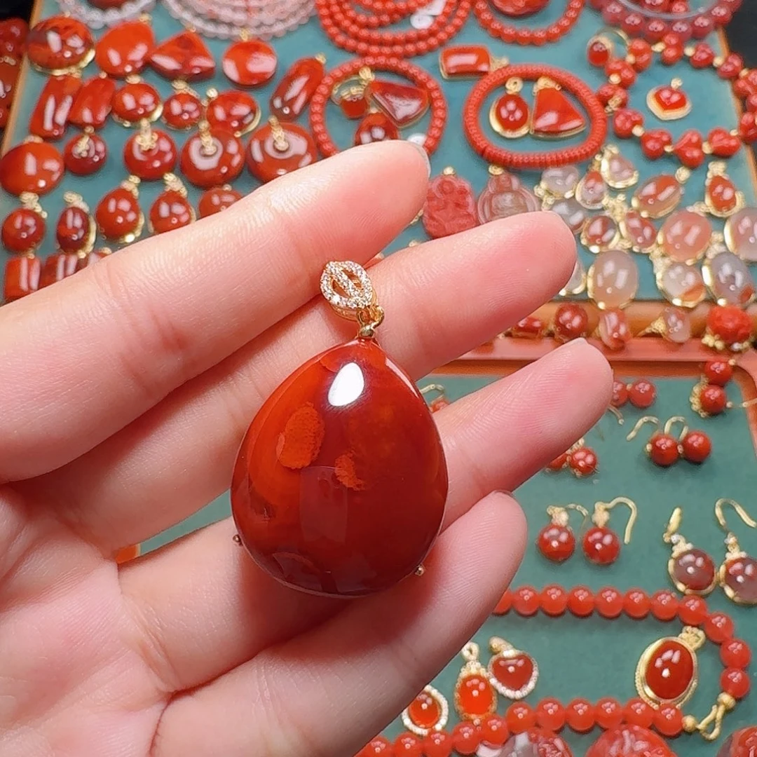 南红玛瑙银S925镶嵌吊坠