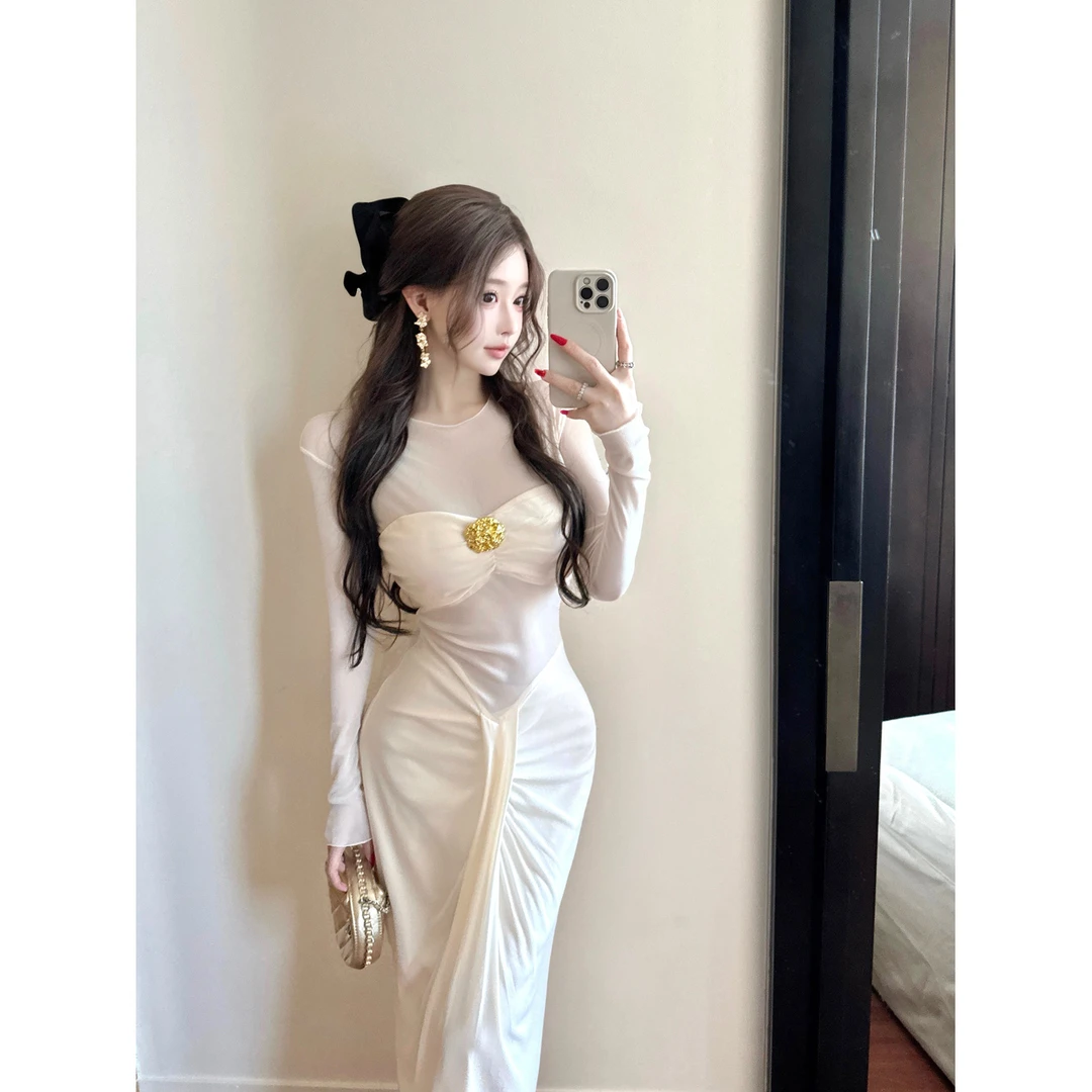 纯欲性感网纱拼接褶皱连衣裙设计感长袖包臀长裙网红洋气炸街女装