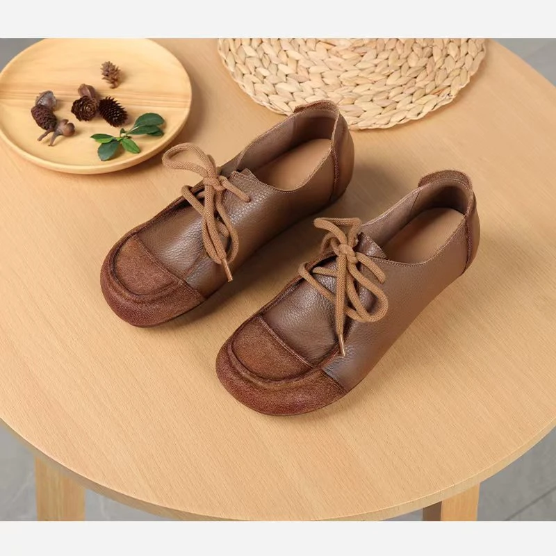 麻享【复古真皮单鞋】圆头纳帕皮拼接软底系带乐福鞋女鞋FSY50870