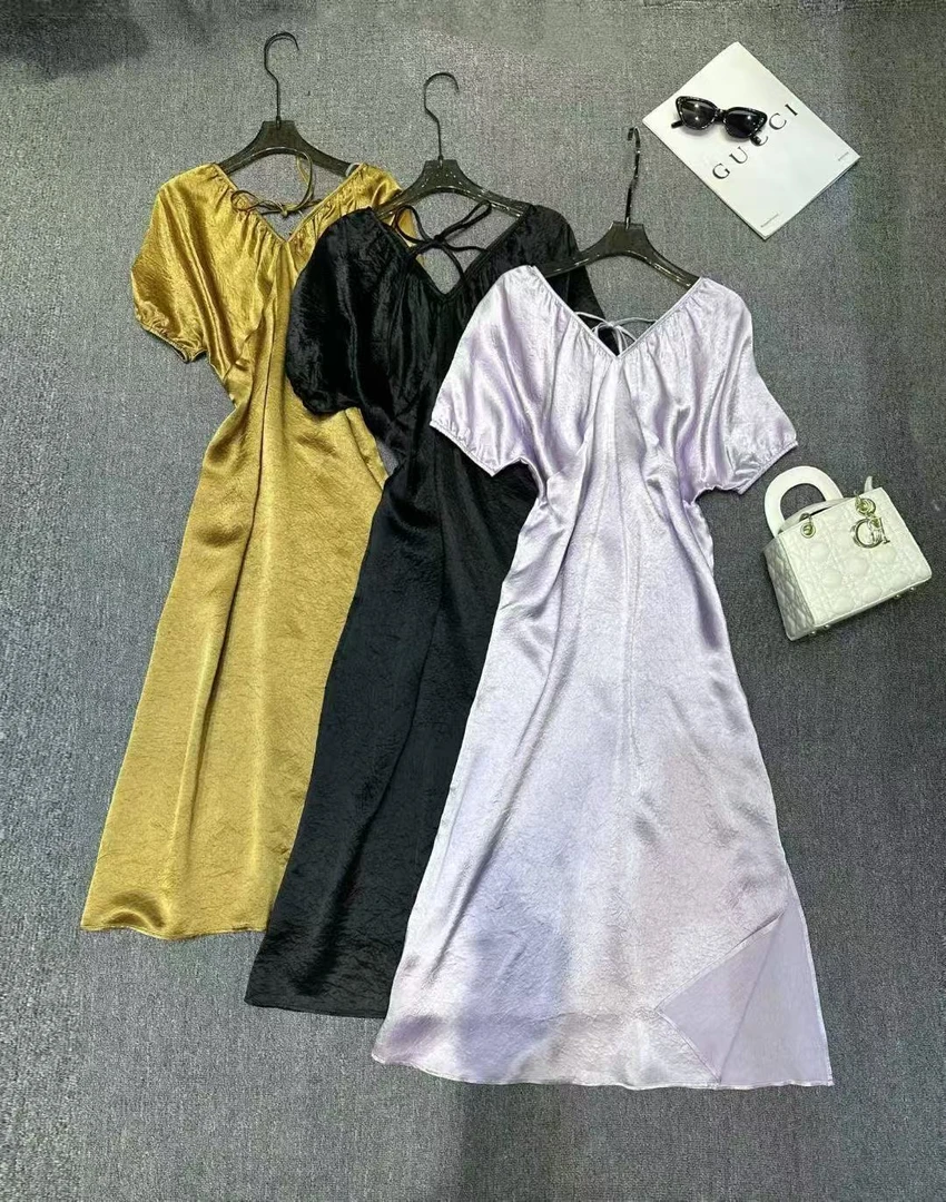 【南油高定】法式中长裙极简风V领纯色连衣裙时尚收腰褶皱女装3705