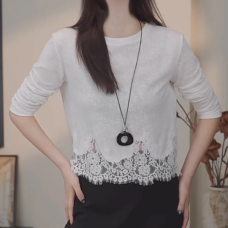 设计感镂空拼接圆领长袖T恤女2025夏季新款简约百搭显瘦纯色上衣