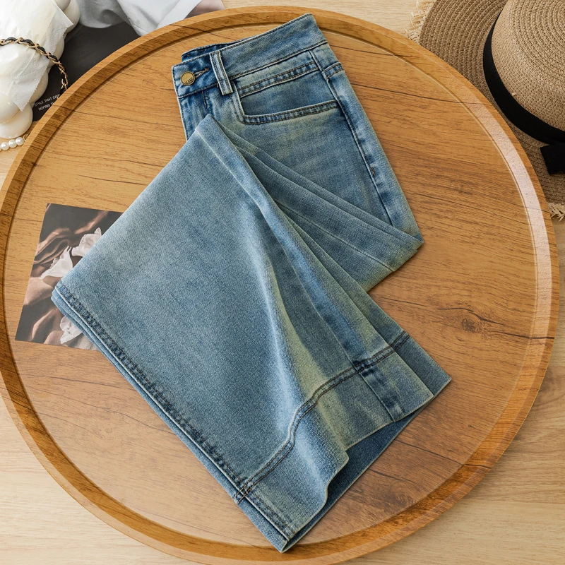 浅蓝色牛仔裤女春季2025新款宽松阔腿裤小个子显瘦高腰九分直筒裤