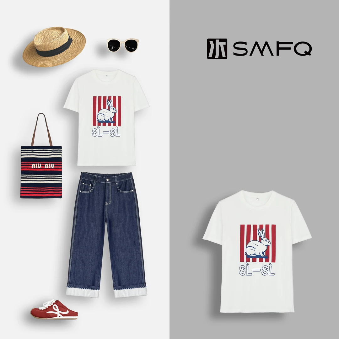 水木夫妻”大白兔”兔子印花 100%丝光双面棉 百搭圆领短袖T恤