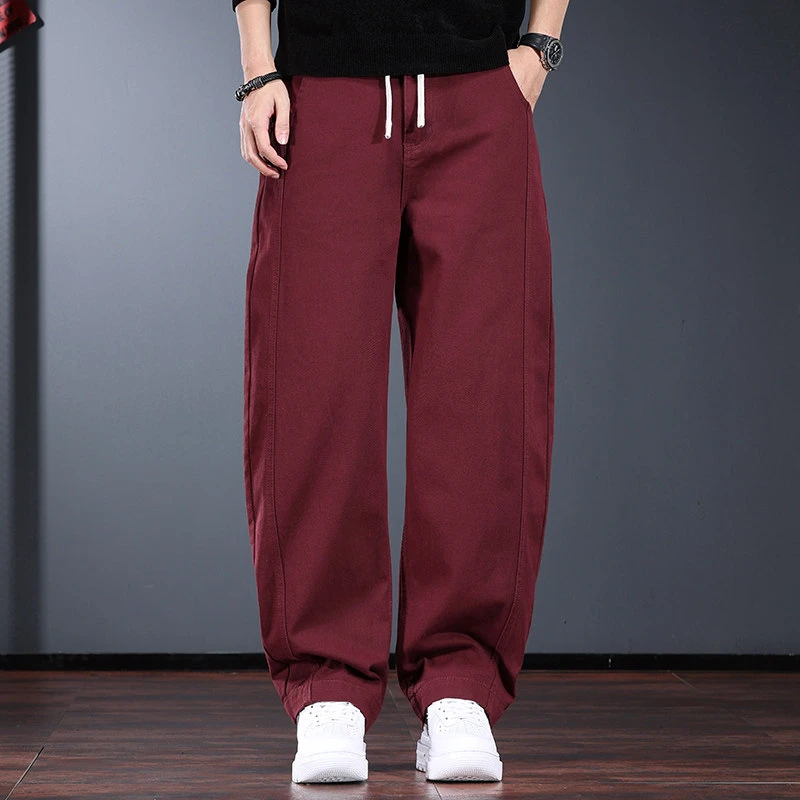 酒红色休闲牛仔裤男秋冬款宽松直筒弯刀裤潮牌痞帅抽绳纯棉工装裤