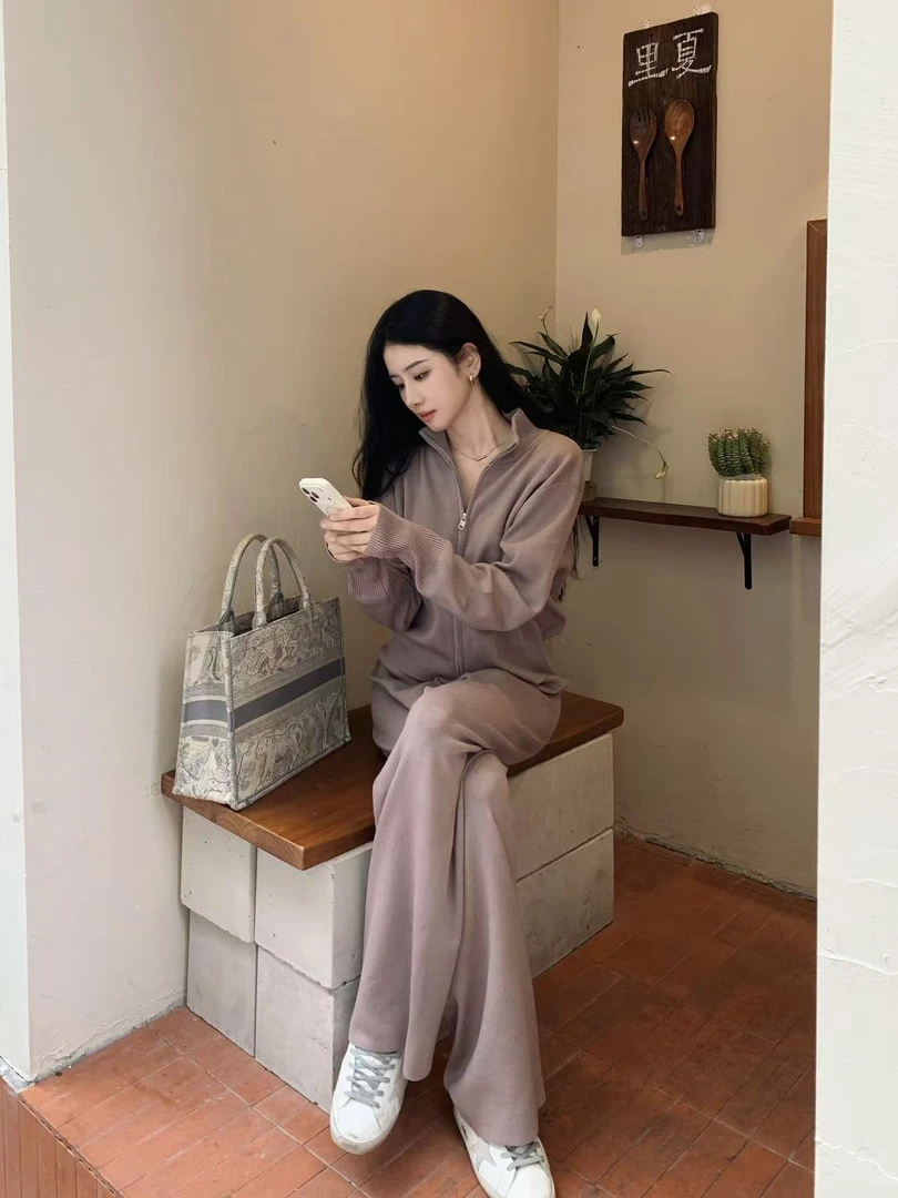 JIUYUE九月慵懒穿搭 立领显瘦针织拉链卫衣外套＋阔腿卫裤休闲套装