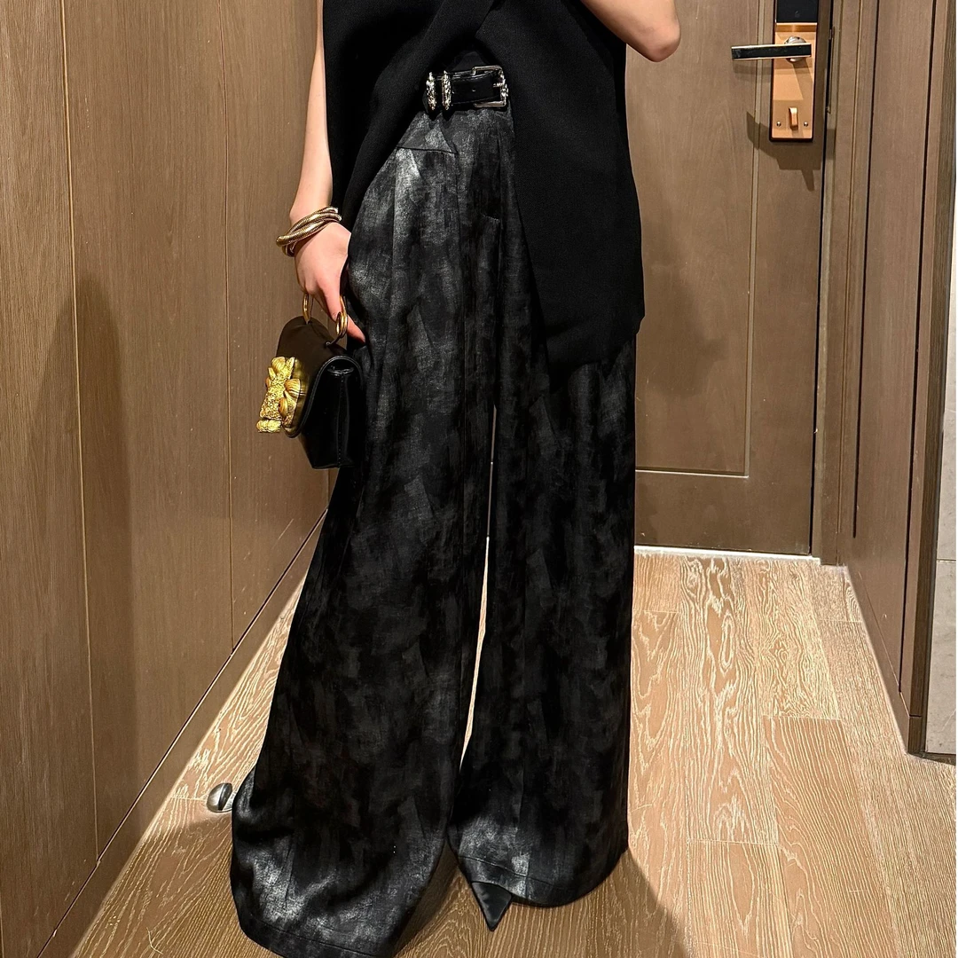 概曲（GaiQu）“灵魂”设计师款扎染高腰直筒水墨风拖地垂感调性长裤
