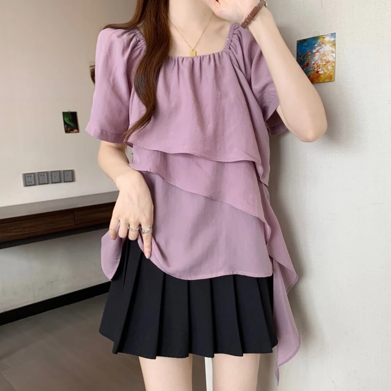 大码女装法式方领设计感层次雪纺衬衫女夏季胖妹妹宽松遮肚子上衣