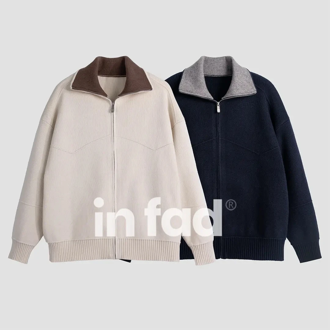 iN Fad【Barnfit毛衣】巴恩风撞色翻领男士针织开衫百搭休闲毛衣男