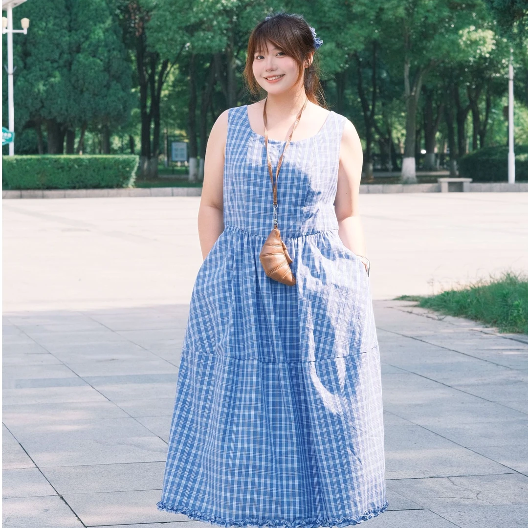 独束大码花苞连衣裙女夏收腰显瘦微胖mm复古背心裙子 25DS82789