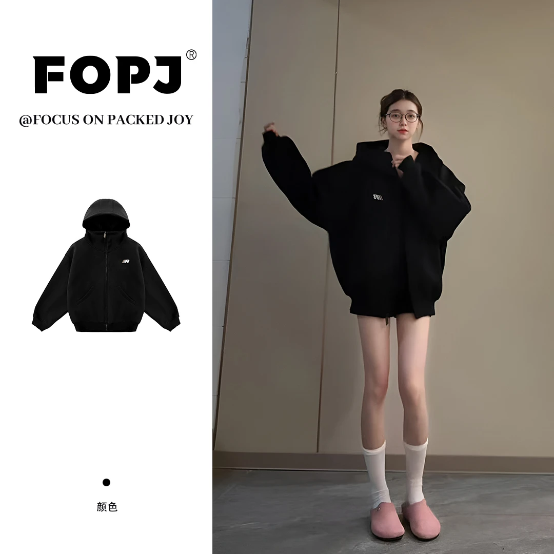 FOPJ早秋新款拉链连帽开衫女美式简约设计感宽松加厚休闲卫衣外套