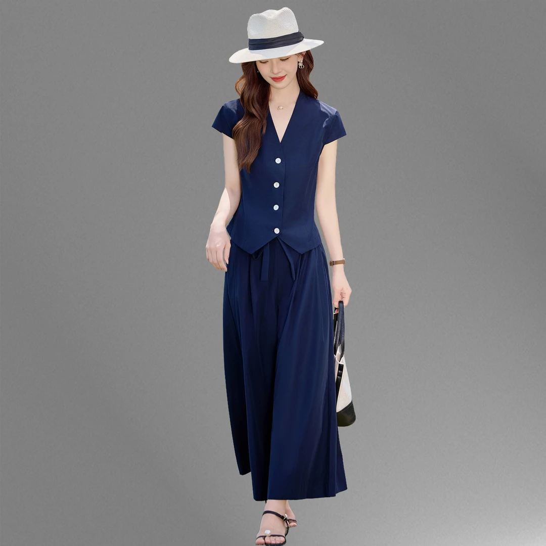 宽松大码休闲阔腿裤时尚套装女2025夏新款短袖收腰显瘦上衣两件套