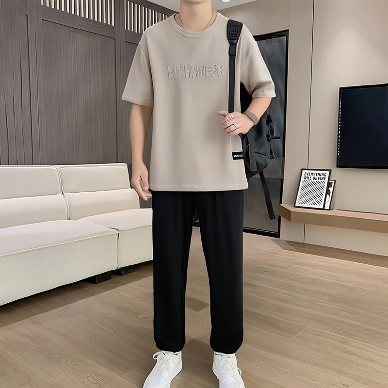 男士秋季长裤短袖潮流速干半袖秋装字母钢印圆领T恤休闲运动套装