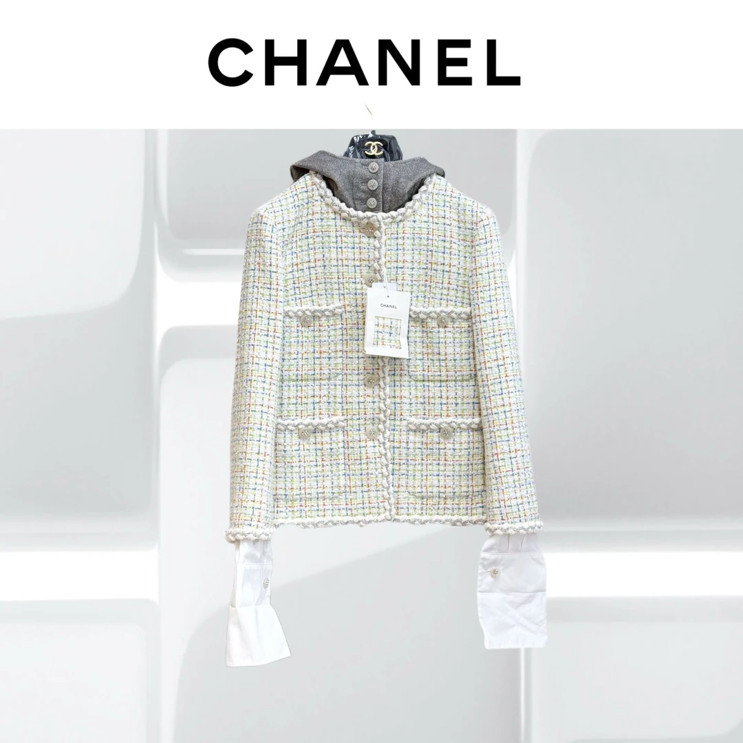 99新 Chanel/香奈儿 38码25C白色拼彩色格纹编织四口袋上衣
