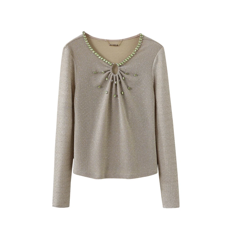 美拉德沙线 金色镶钻 百搭镂空圆领T恤