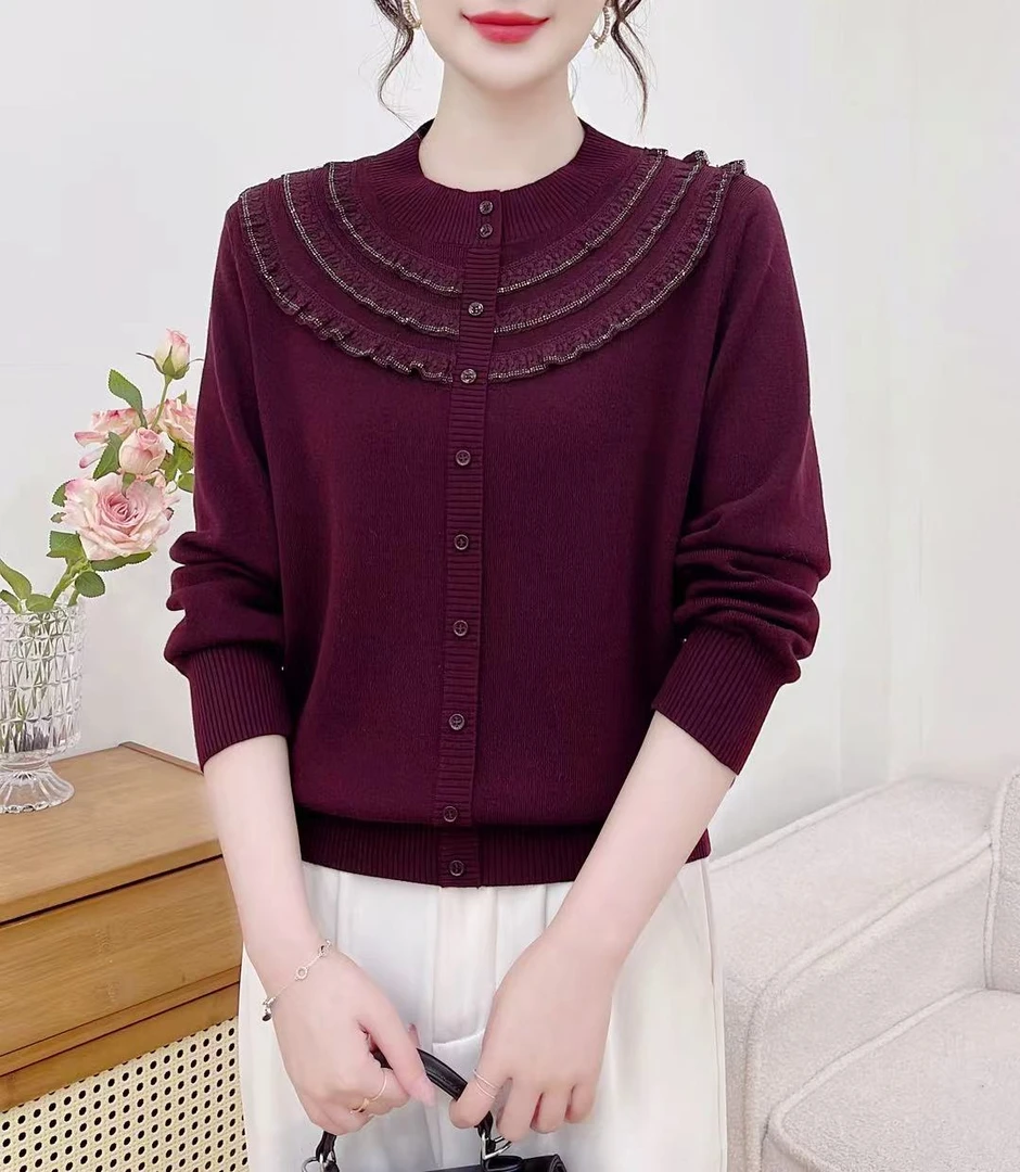 百搭毛衣洋气中老年秋冬圆领小衫开衫中老年女装宽松
