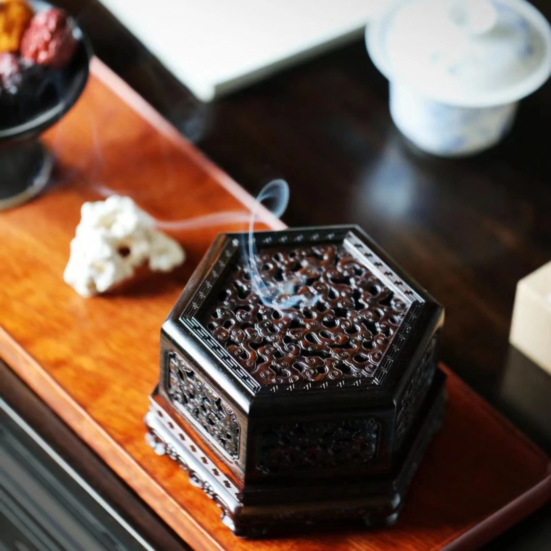 大红酸枝『六角祥云·盘香炉』对角12.5高8cm