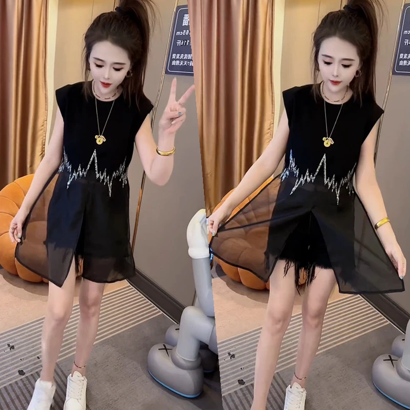 网红爆款时尚减龄宽松显瘦网纱拼接连衣裙气质休闲简约纯色A字裙