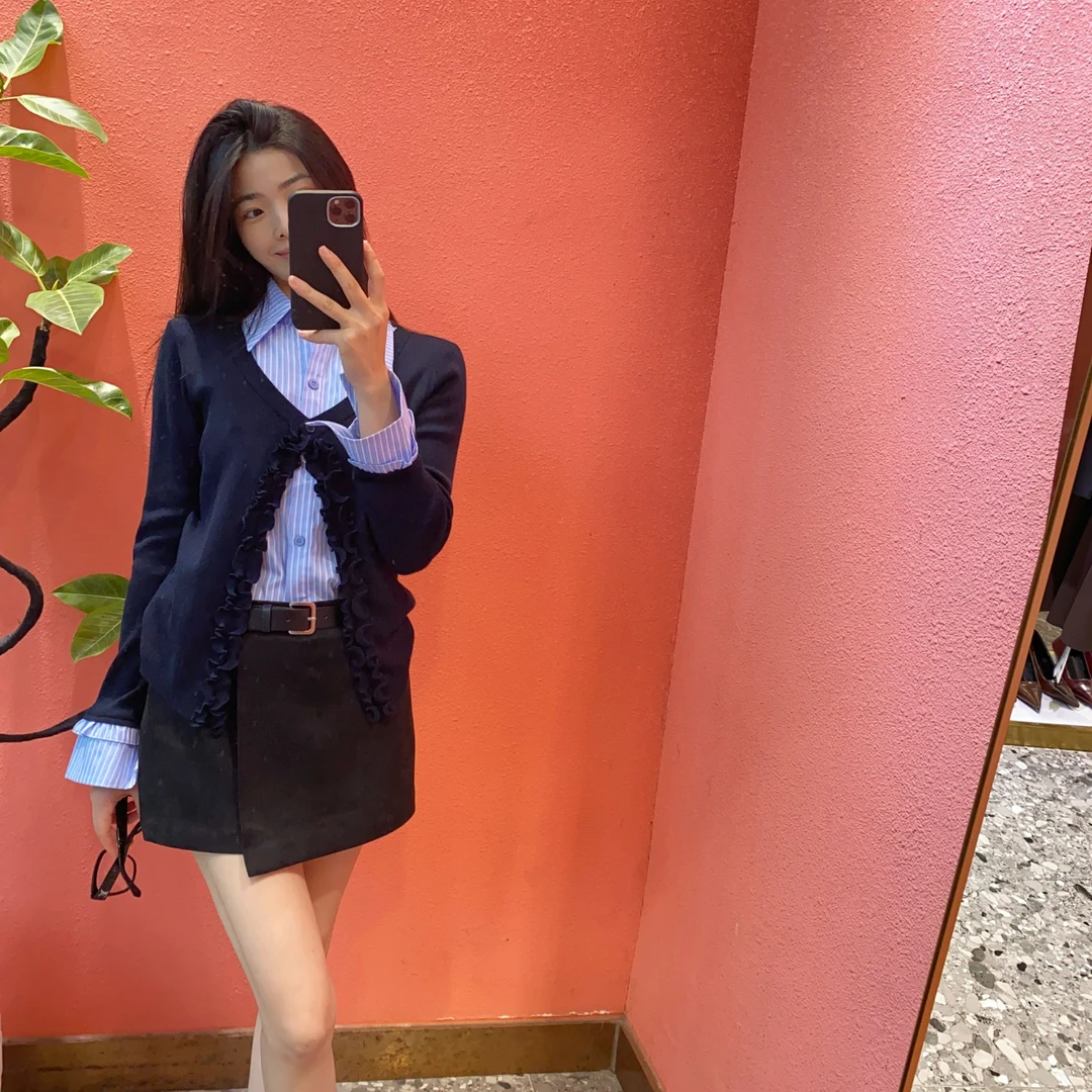 （默茗服装）条纹针织衫拼接假两件