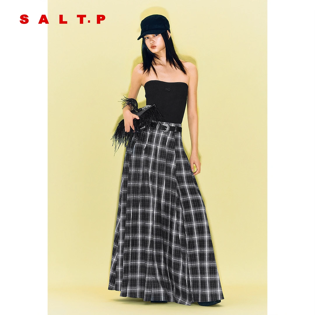 SALT.P可颜撞色复古格纹高腰伞裙半身裙2025秋季新款