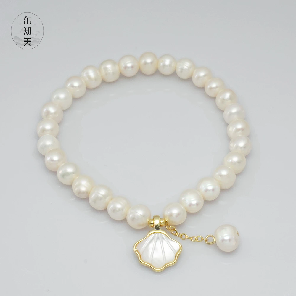 【 白月光 】5-6mm天然淡水无核珍珠贝母手链0512-2