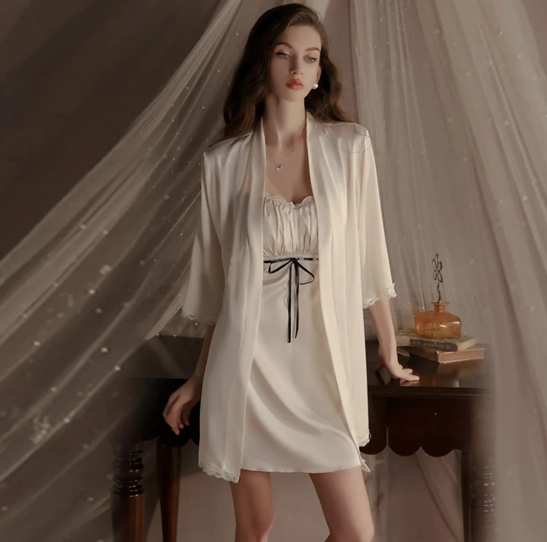 眠之语2025新款女士性感睡衣蕾丝聚拢加胸垫睡裙外袍家居服套装