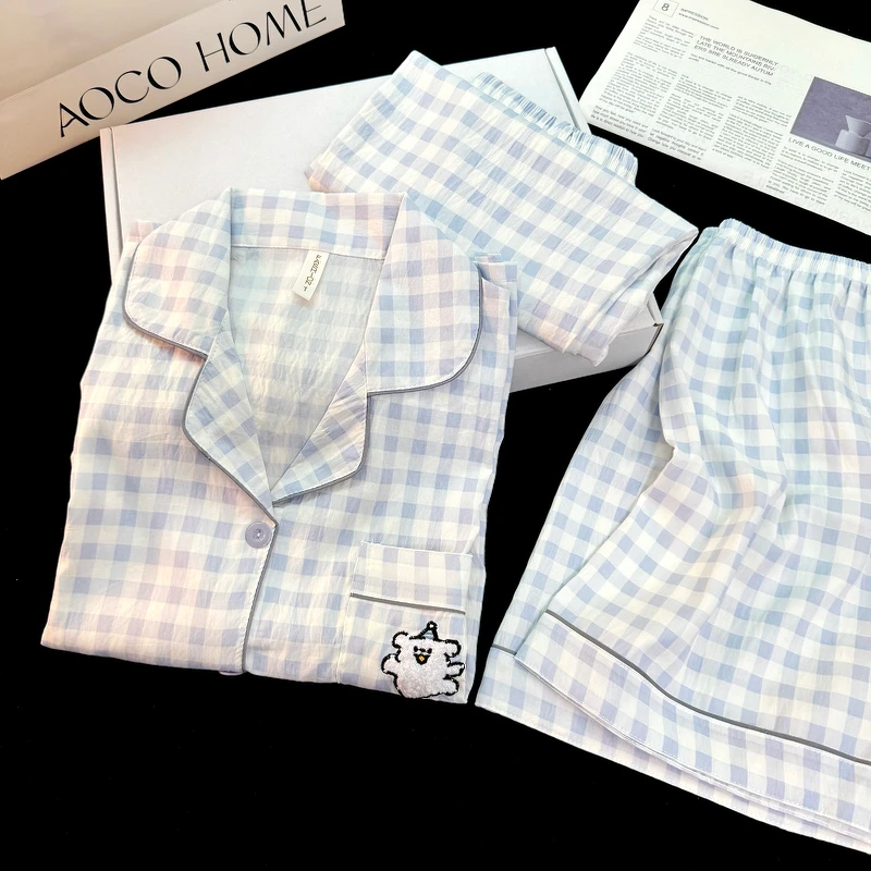 少女睡衣夏季云朵绵薄款三件套短袖长裤蓝格子小狗日系甜美家居服