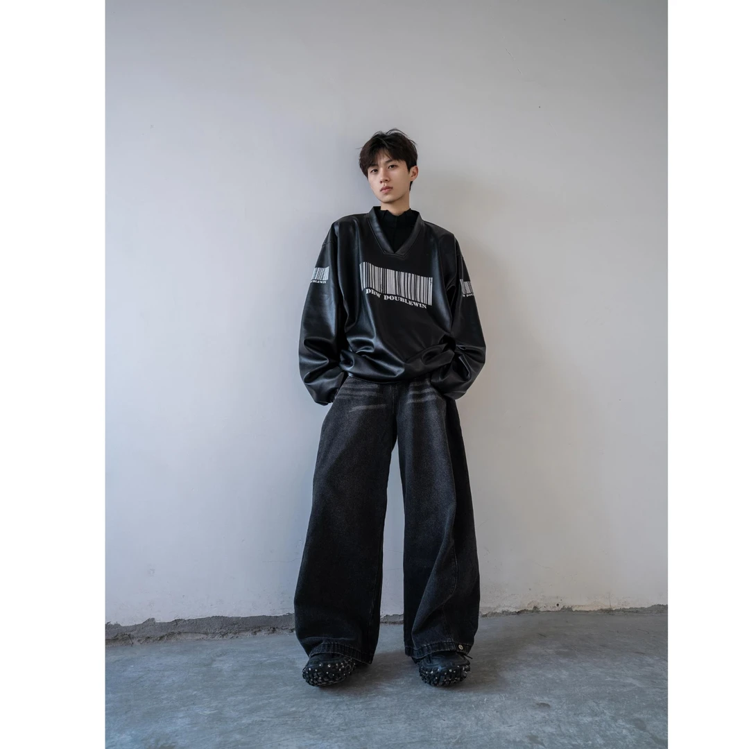 DBW Doublewin设计不规则磨破 做旧 黑灰水洗牛仔裤男 阔腿裤