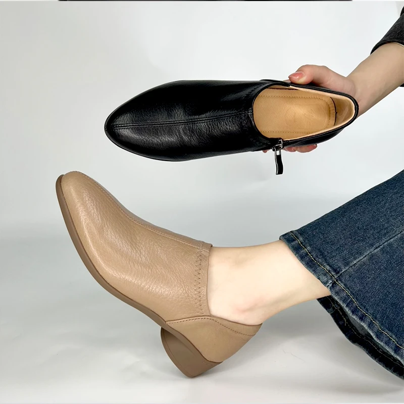3CM黑色时尚百搭深口小皮鞋2025春秋新款圆头粗跟一脚蹬显瘦单鞋