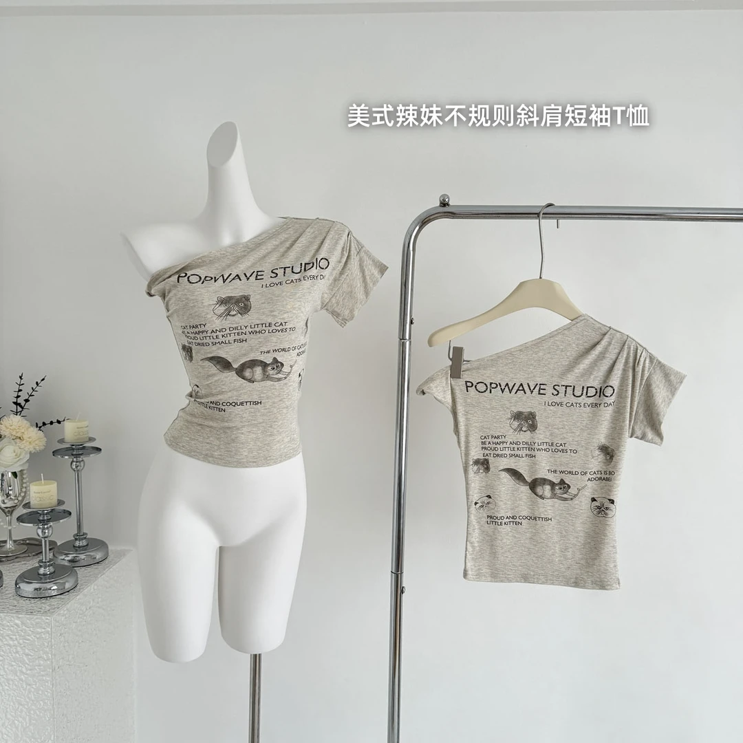 【全额运补】2025新款美式辣妹不规则斜肩短袖T恤女夏季设计感小