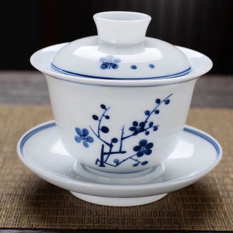 大号三才手绘梅花盖碗德化白瓷山水盖碗备杯功夫竹子陶瓷泡茶器