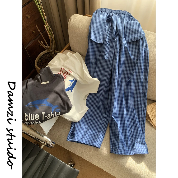 DA麦子“廓形蓝格”松弛内里来去缝净边格子长裤女 MZ1918蓝格裤
