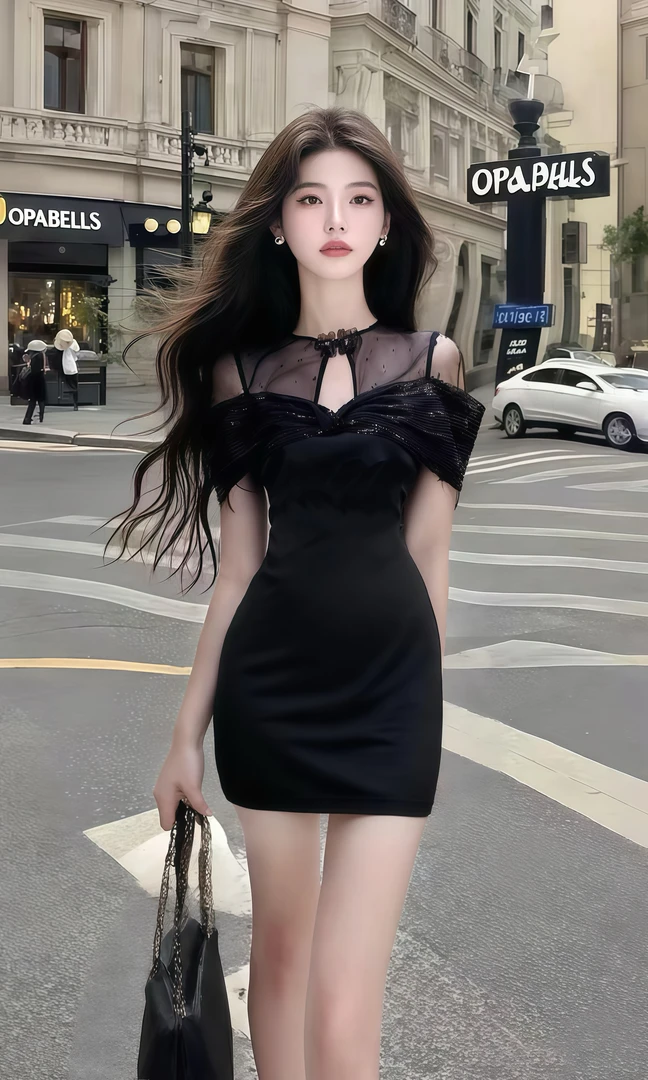 2025新款温柔知性风黑色圆领修身收腰包臀连衣裙高端时尚气质女装