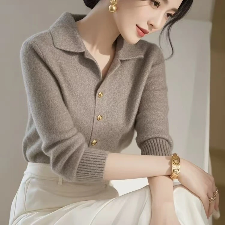 轻熟风Polo领针织衫上衣女2024秋冬包邮气质绝美通勤灰色毛衣
