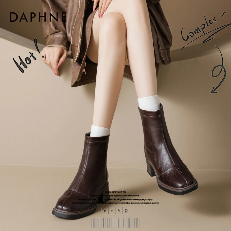 达芙妮网红爆款短靴2025秋冬加绒复古时装靴法式瘦瘦靴粗跟马丁靴