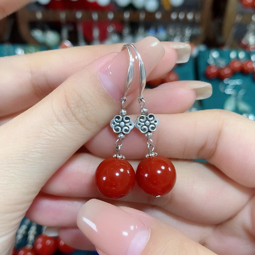 玛瑙/玉髓耳饰银S925镶嵌天然红玛瑙12mm左右（锦红）