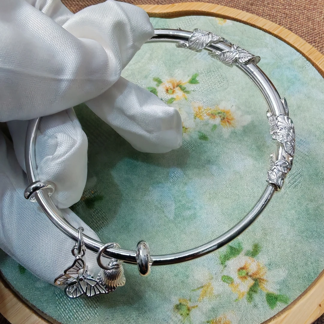 足银手镯 繁花蝴蝶铃兰推拉手镯足银可调节送女友送闺蜜简约礼物