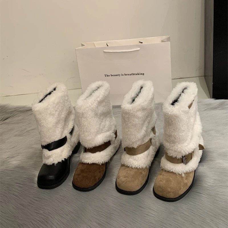 百搭中筒系风格成女性冬季秋冬加绒低筒纯色时装靴平底女雪地靴方