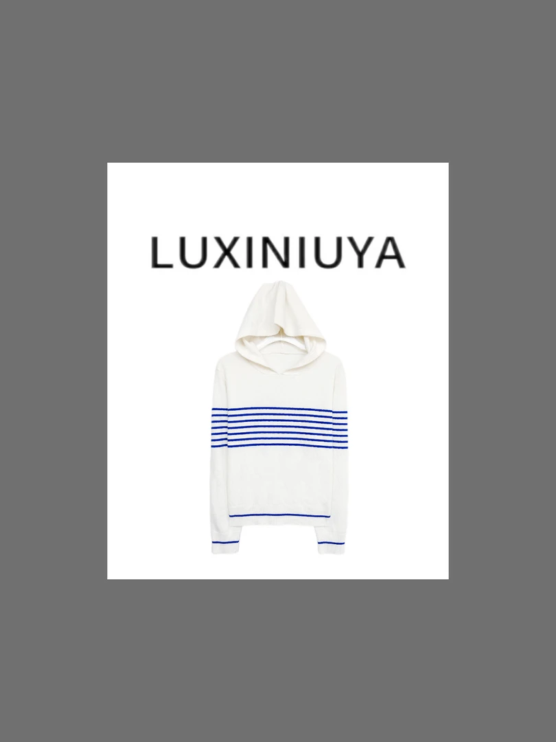 【LUXINIUYA】‘蔚蓝舵手’ 100羊毛刺绣撞色条纹连帽针织衫#QDS175