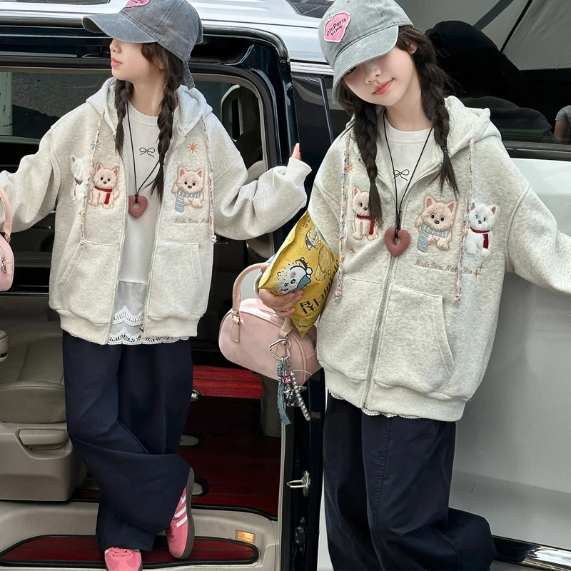 女童秋冬加厚外套中大童6-13岁洋气儿童绣花狗狗洋气连帽女孩上衣