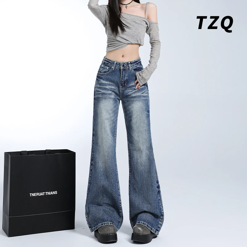 2025春秋季新款重工艺猫须水洗牛仔裤宽松女直筒微喇裤TZQ2520419