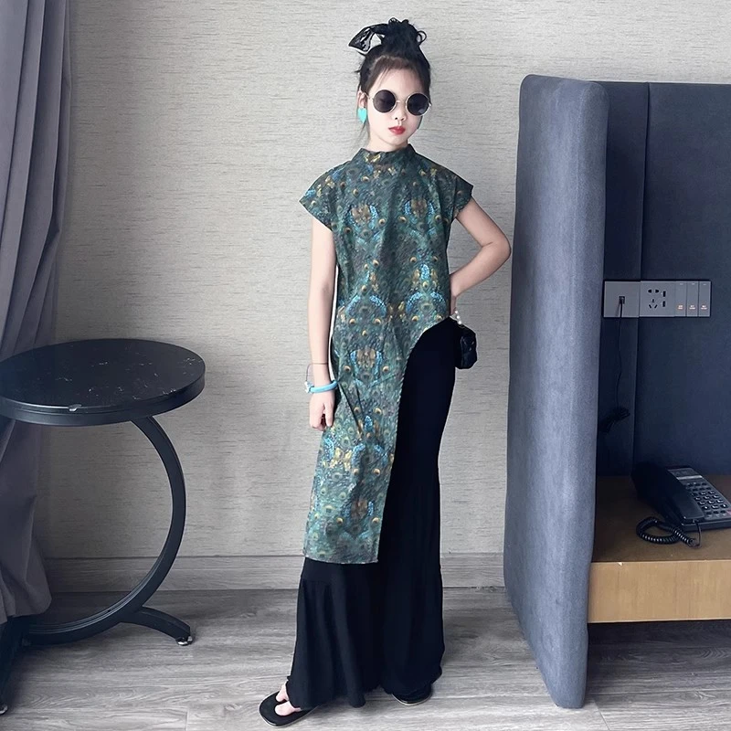 汉服女童旗袍2025新款儿童新中式开衩连衣裙大童微喇叭休闲裤套装