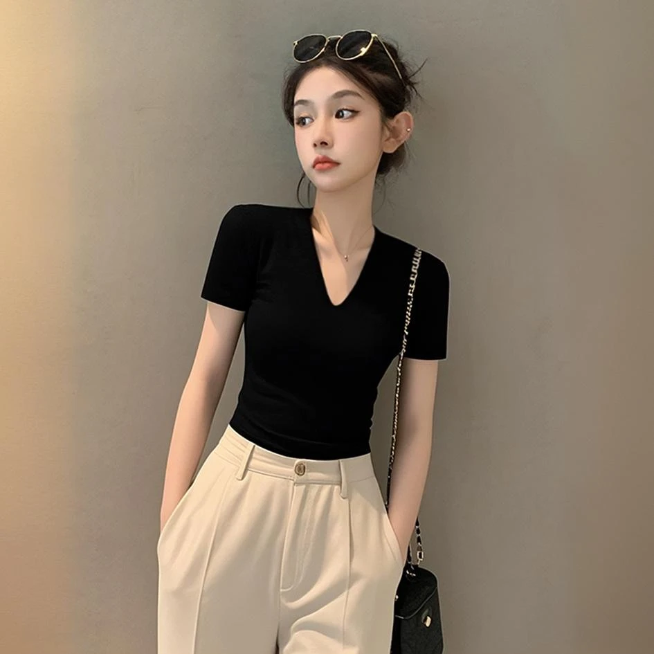 2025新款夏季黑色深v领短袖T恤女螺纹弹力修身紧身正肩半袖上衣服
