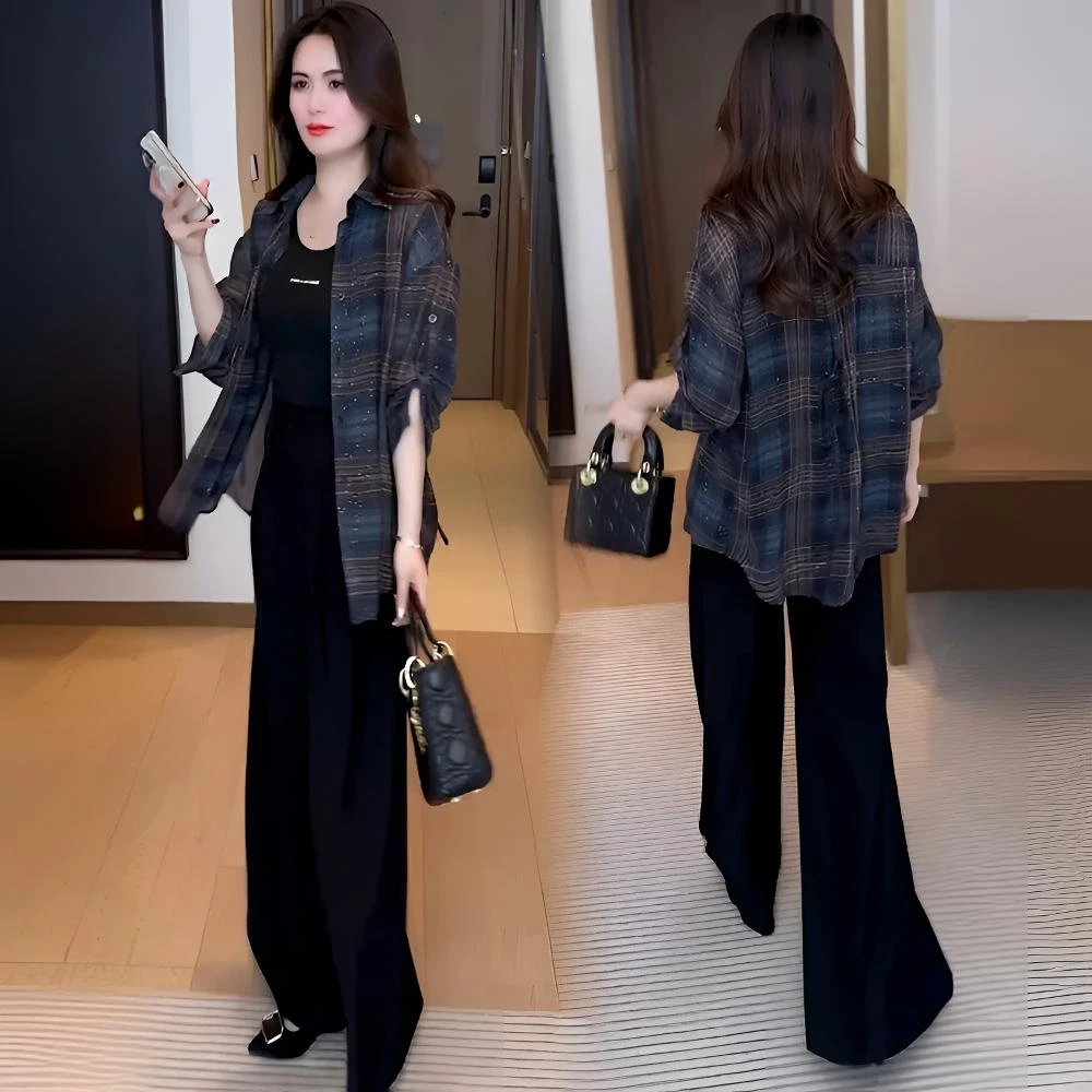 时尚洋气格纹衬衫女装春2025新款大码宽松显瘦后开叉设计感上衣