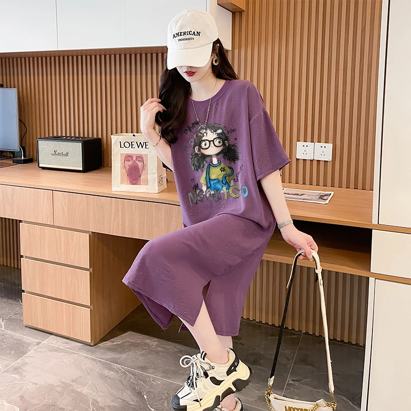 长款过膝卡通印花T恤裙女夏季爆款宽松大码卡通减龄星空闪连衣裙