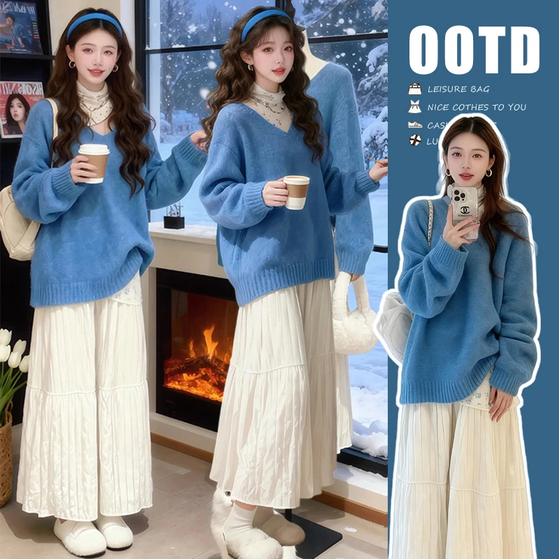 {糕糕}孕妇装2025秋冬新韩系韩系减龄V领毛衣宽松显瘦半身裙套装