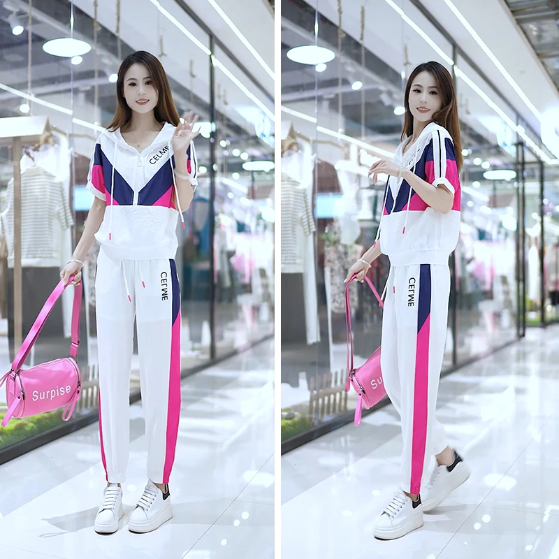 6287休闲风洋气时尚套装女两件套夏季运动服连帽短袖九分裤拼接