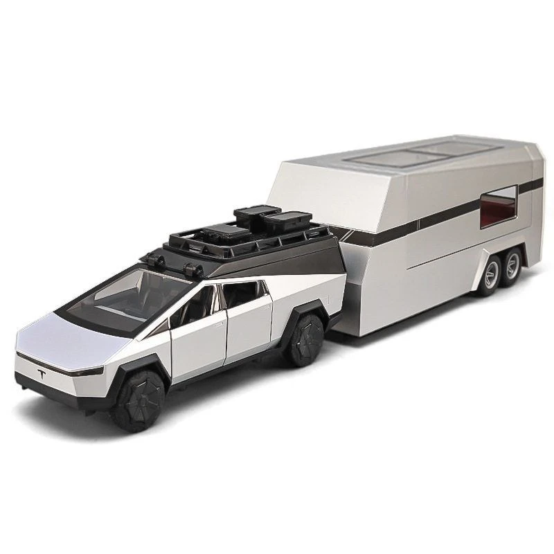 1：24特斯拉露营房车带摩托车带声光回力新品合金车模玩具儿童车车