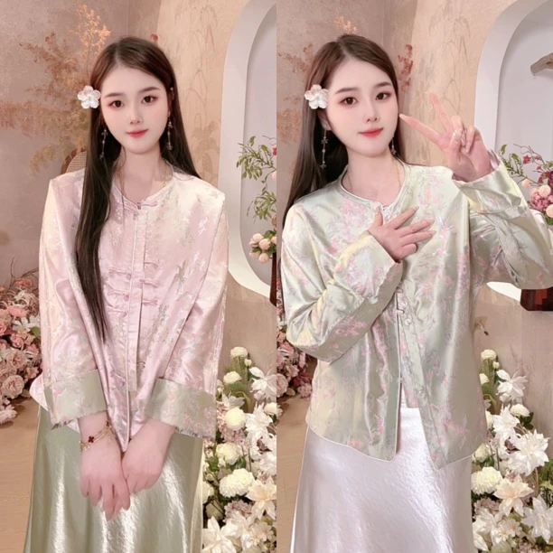 【嫣凤】2025新款春季新中式上衣国风提花圆领女装双面双穿宽松外套